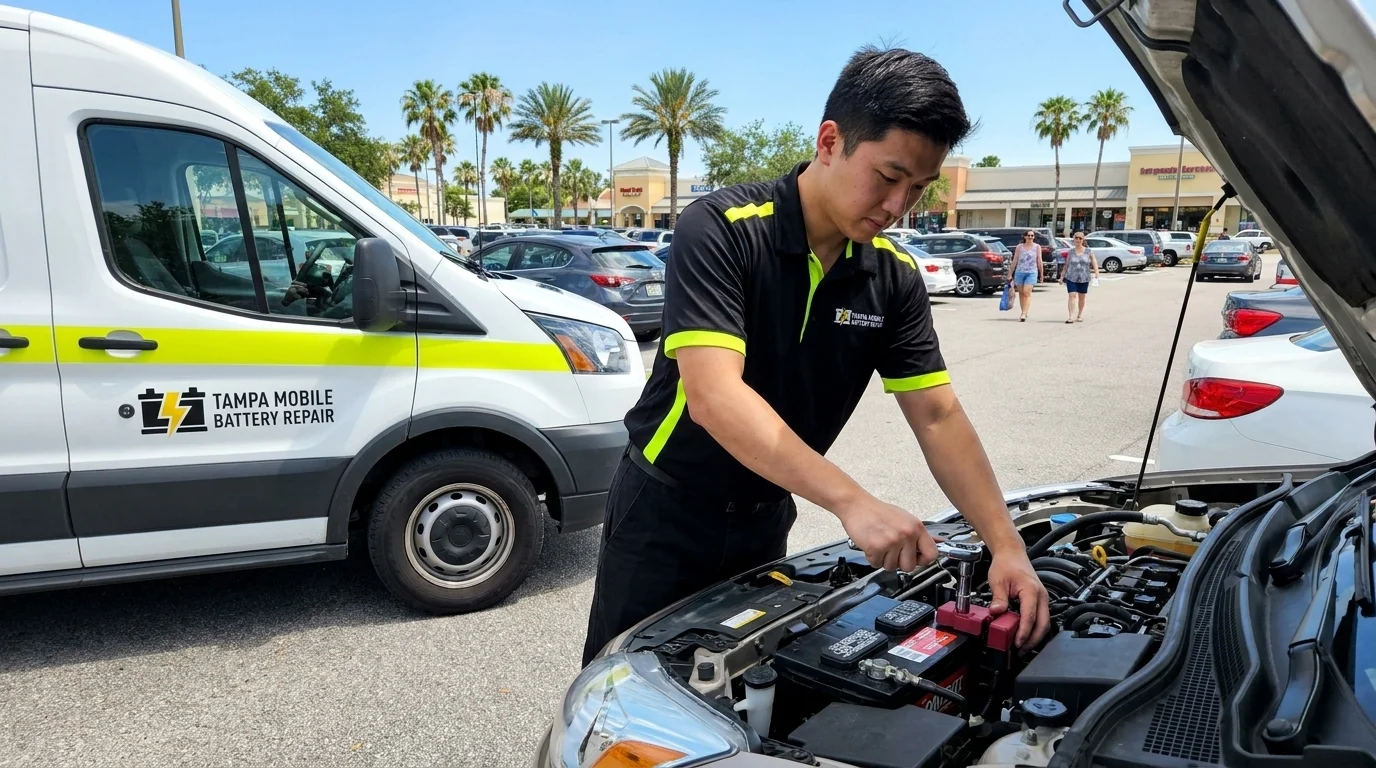 Tampa Mobile Battery Repair technician tightening a cleaned battery terminal clamp with a socket wrench in a Tampa shopping center parking lot