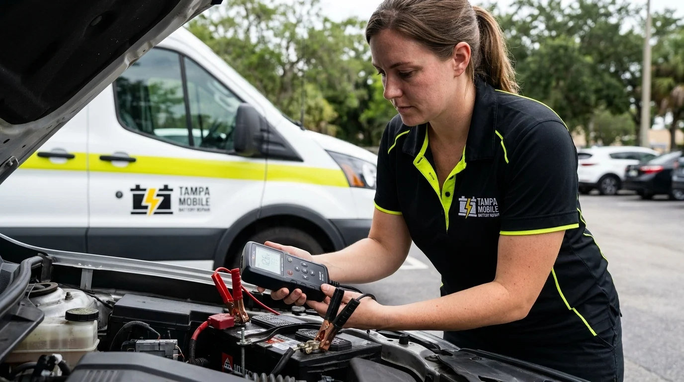 Tampa Mobile Battery Repair technician reading a digital battery tester clamped to a car battery under an open hood in Tampa