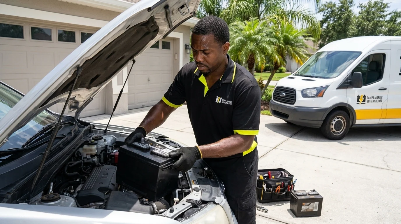 Tampa Mobile Battery Repair technician lowering a new car battery into an SUV engine bay in a Tampa home driveway