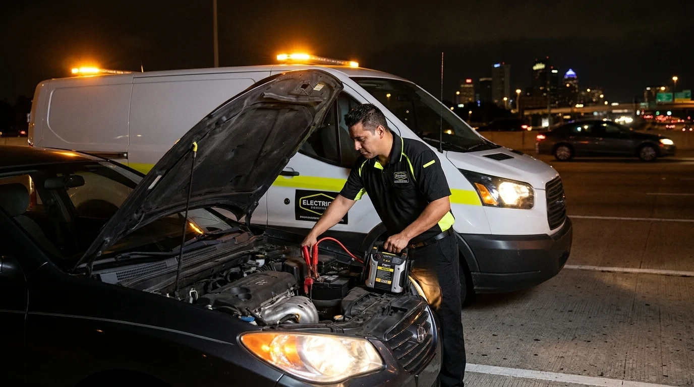 Tampa Mobile Battery Repair technician connecting a portable jump starter to a dark sedan at night on a Tampa roadside, service van with amber beacons behind