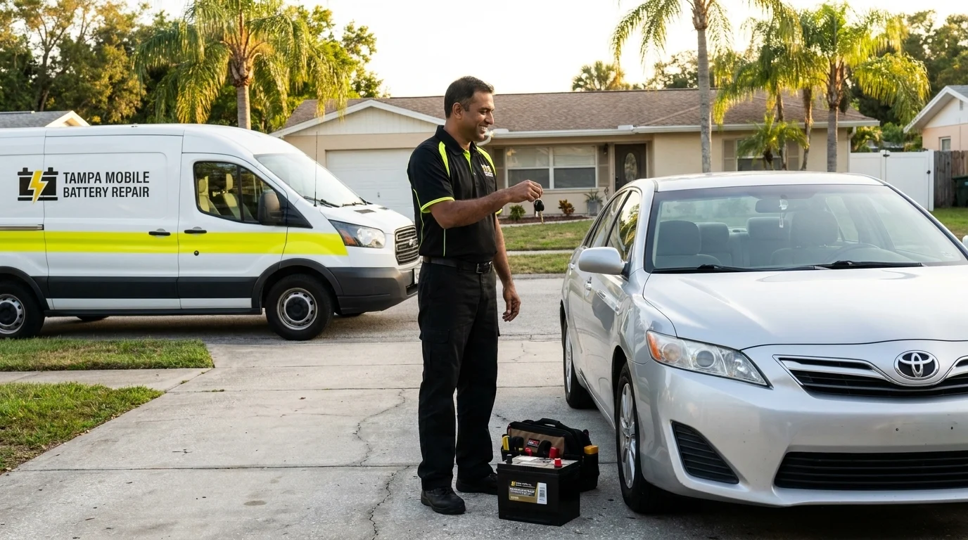 Tampa Mobile Battery Repair technician finishing a battery job for a Riverview, FL customer